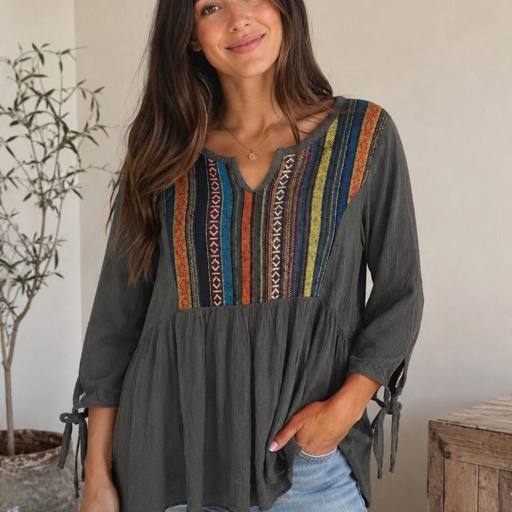 cottagecore Tea-n-rose olive green peplum Women's Blouse Aztec embroidered print